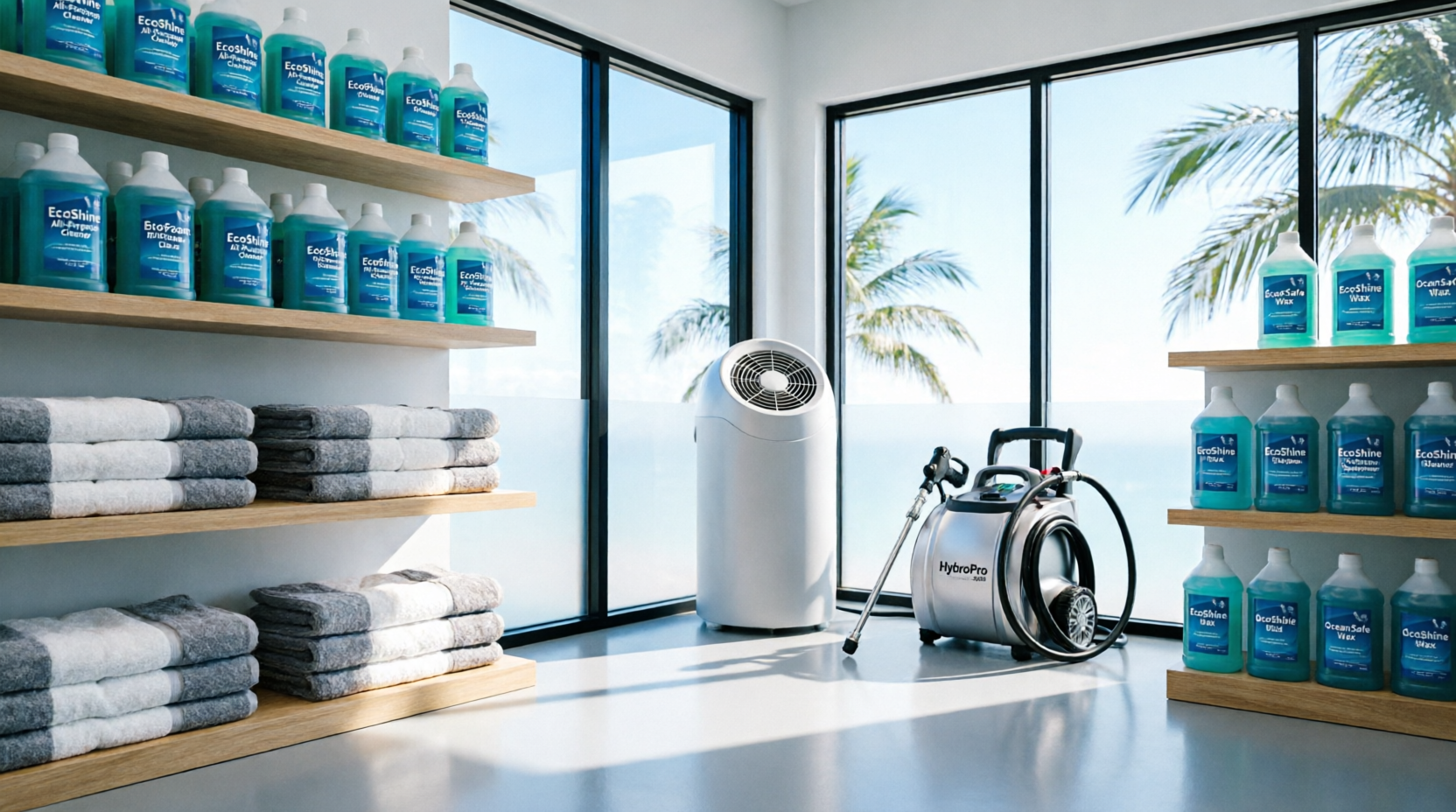 Clean, organized car wash workspace with eco-friendly products