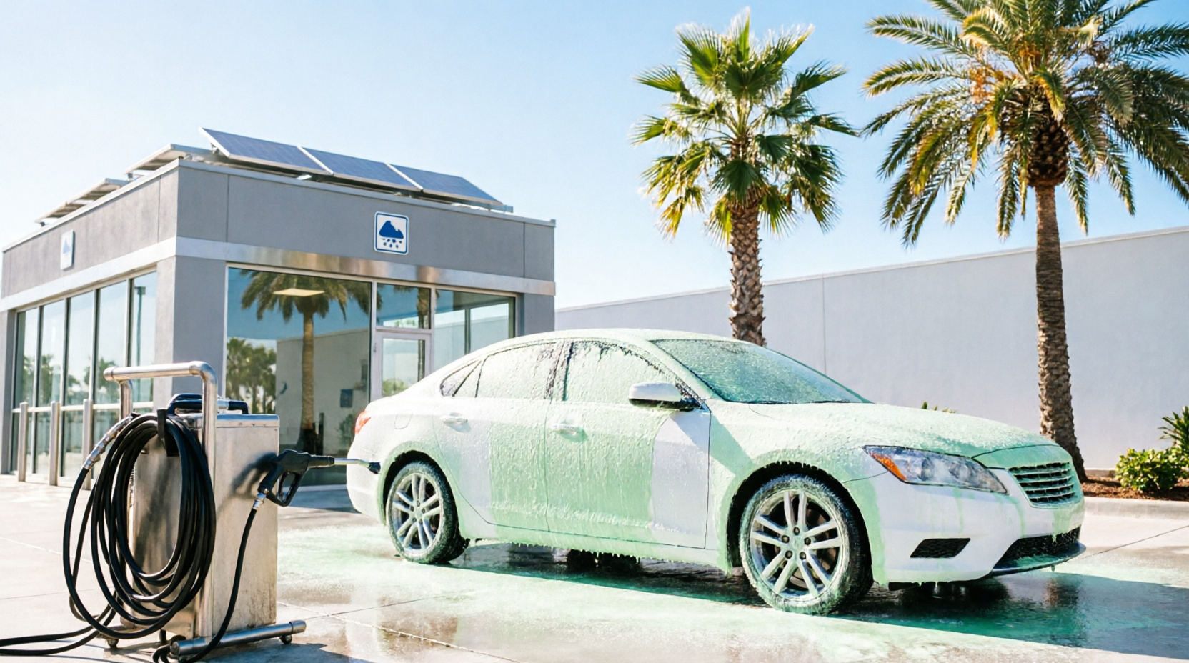 Modern eco-friendly car wash station in Miami under clear blue sky