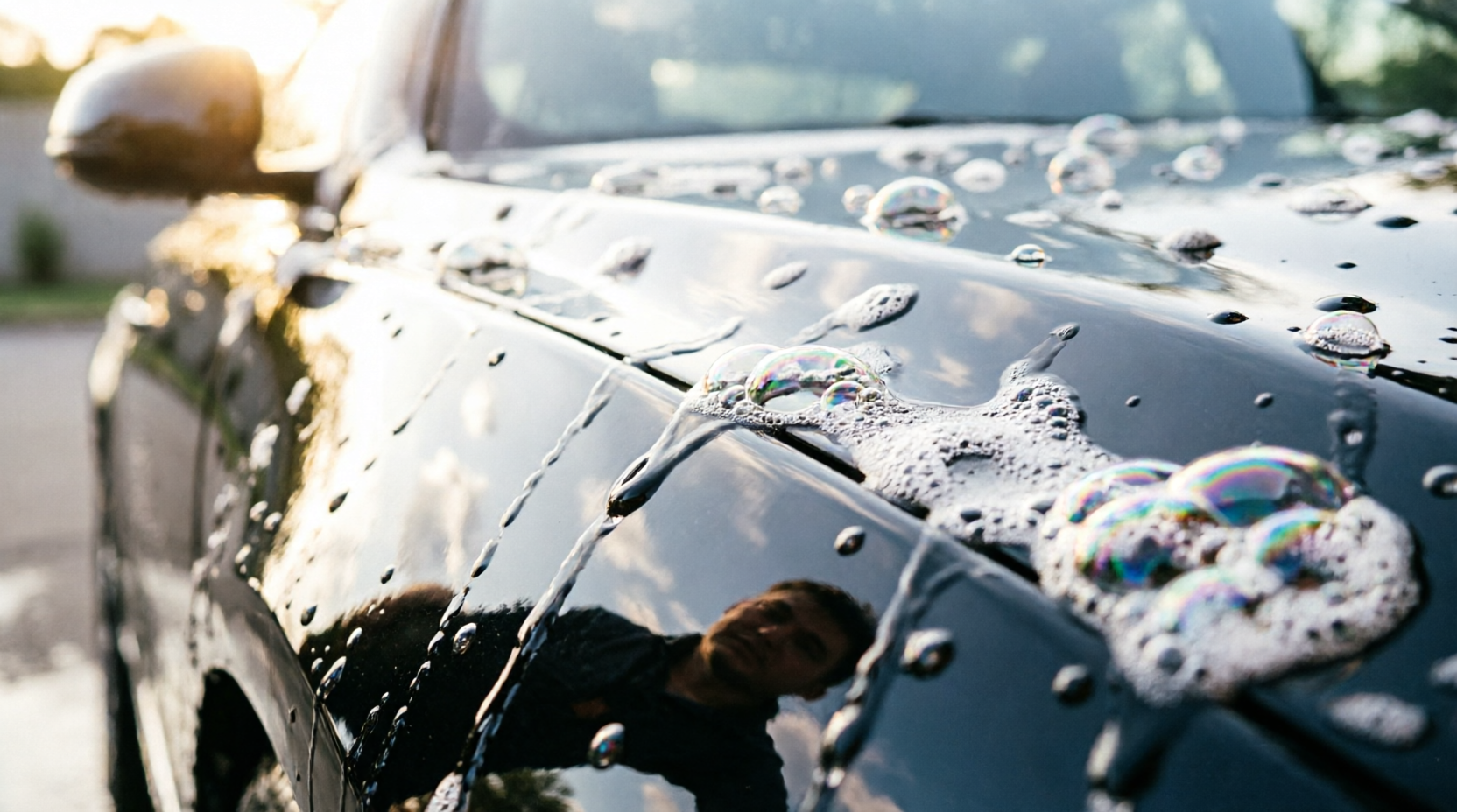 Close-up of premium car paint being cleaned with water droplets
